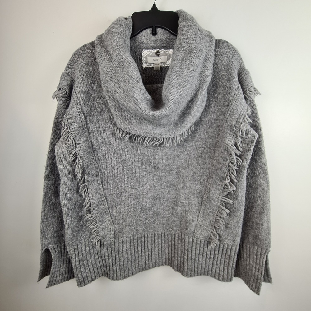 Cupio Womens Gray Cowl Neck Fringe Trim Knit Sweater Size Small Relaxed Fit